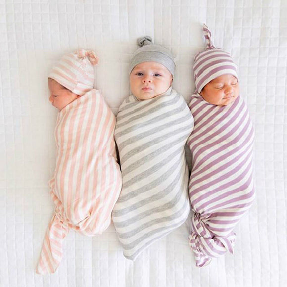 Cozy Striped Swaddle with Cute Knot Hat!